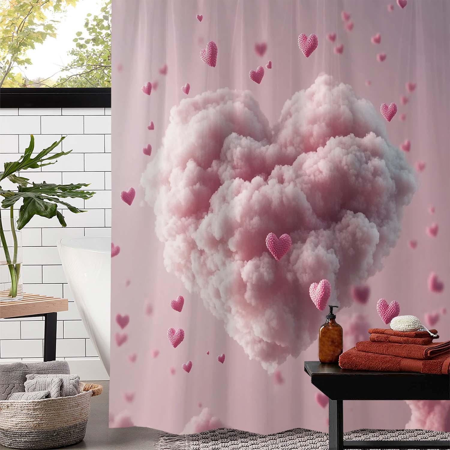 

Romantic Valentine S Day Heart And Cloud Print Shower Curtain - Waterproof, Machine Washable Polyester, Pink And White Design W60H190(CM)-1 Pcs