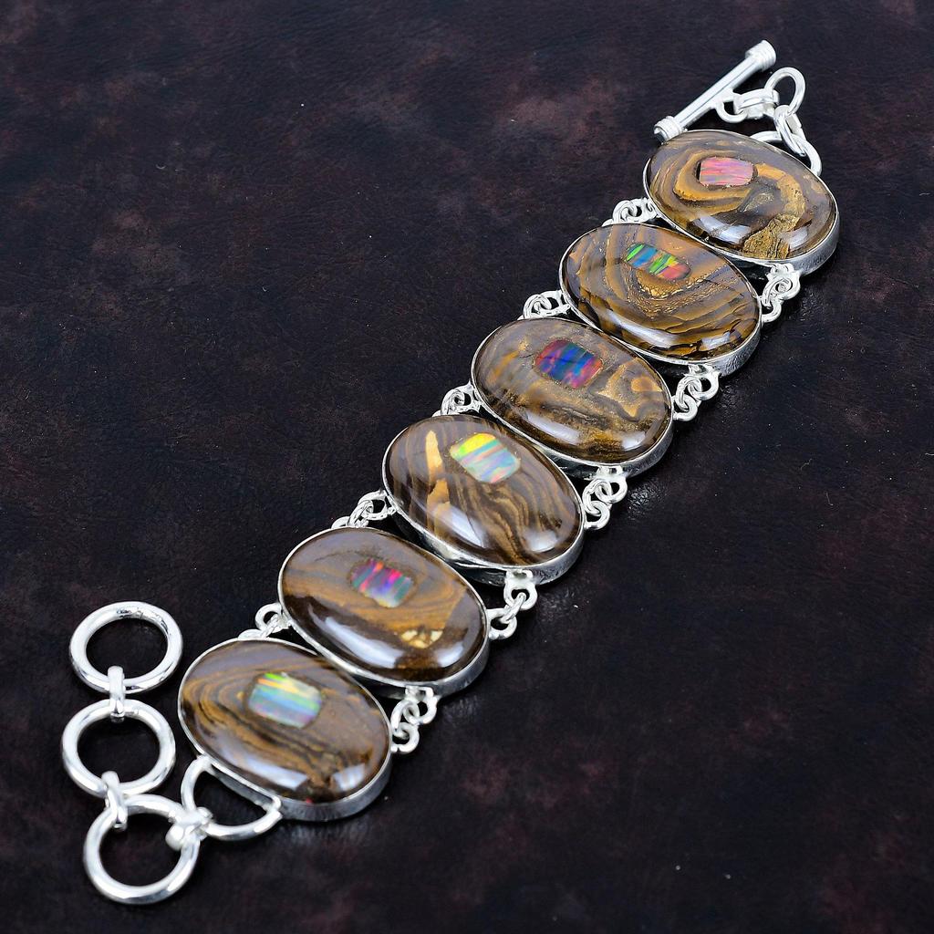 Etiopisk opal i boulder opal armbånd edelsten unike smykker 925 sterlingsølv justerbart kjede armbånd håndlaget armbånd gaver til mor