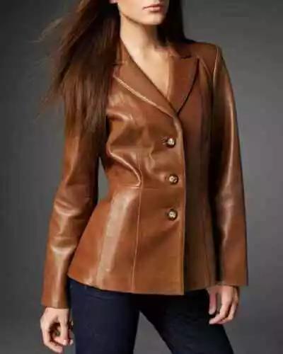 Leather Stylish Handmade  New Casual Formal Brown Women's Blazer Real Lambskin