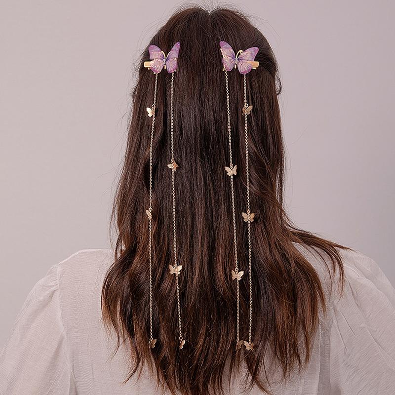 Tuiying003 Women's 2Pcs Girls Vintage Mesh Butterfly Hair Clip Long Tassel Chain Grab Clip Delicate Hair Clip Daily Wear Headwear Hair Accessories