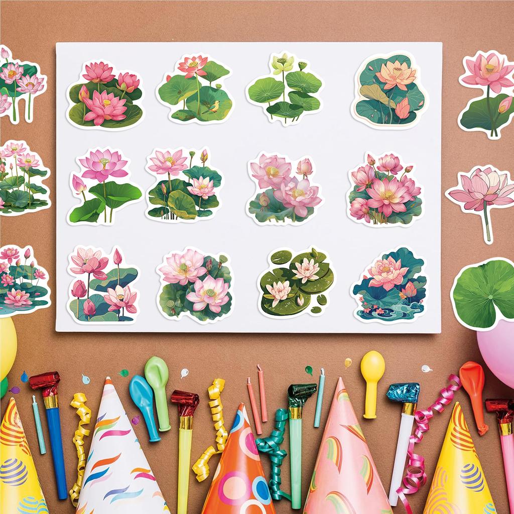 50 Cartoon Pink Lotus Doodle Stickers Decorative Ipad Suitcase Notebook Diy Waterproof