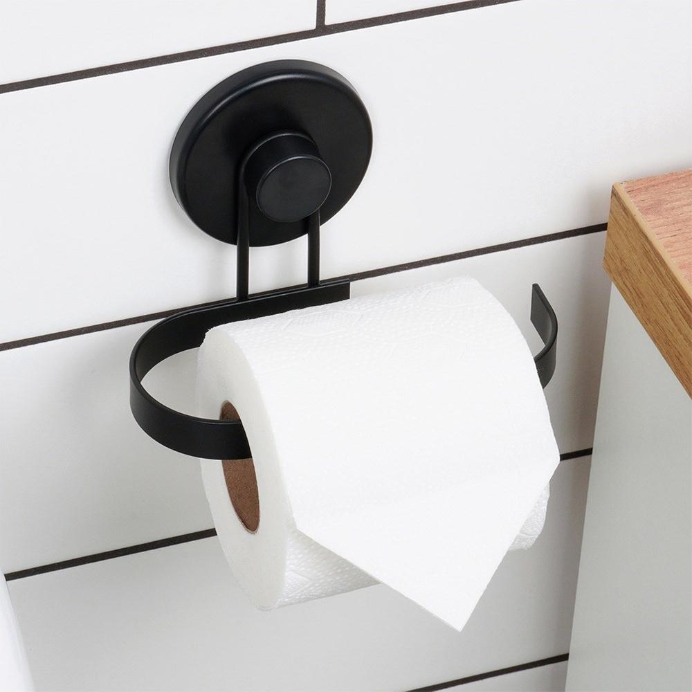 Toilet Paper Holder Wall-Mounted Bathroom Suction Cup Hanger Black