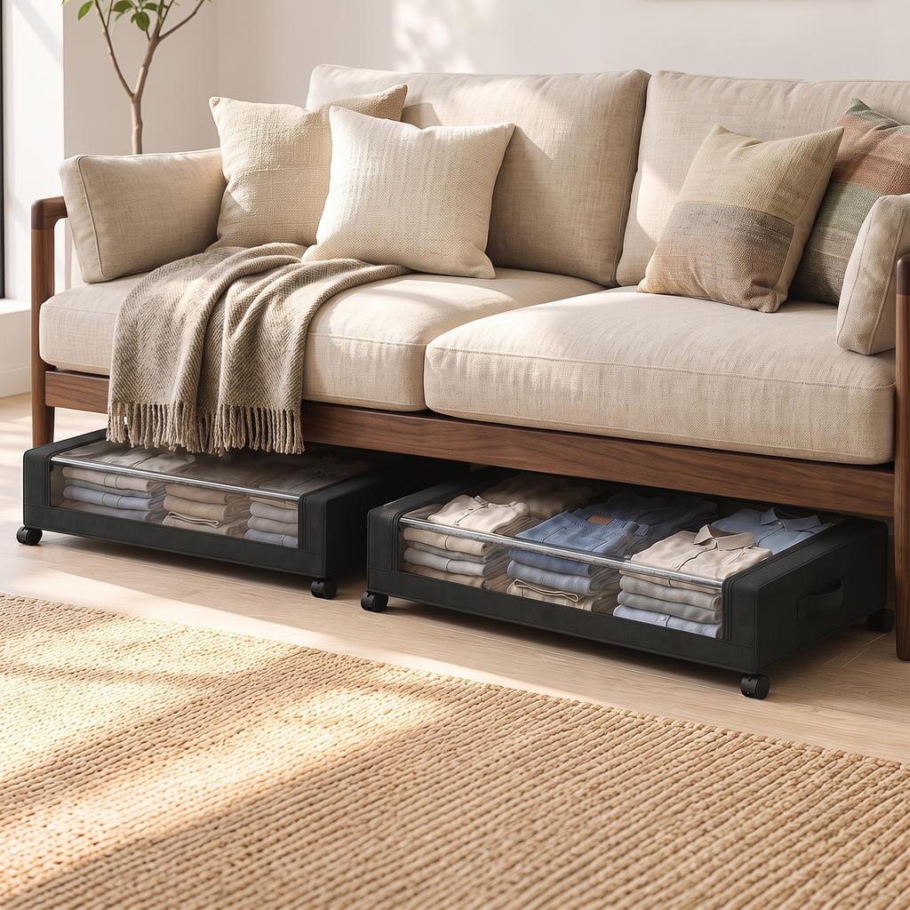 Under-Bed Storage Box on Wheels, Set of 2, 40 L, 78 x 44 x 16 cm, Black