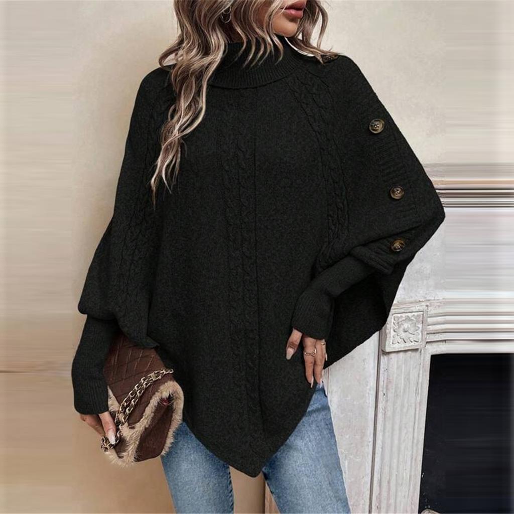 Women's Fashion Casual Cable Knit Turtleneck Button-Decorated Long Sleeve Sweater
