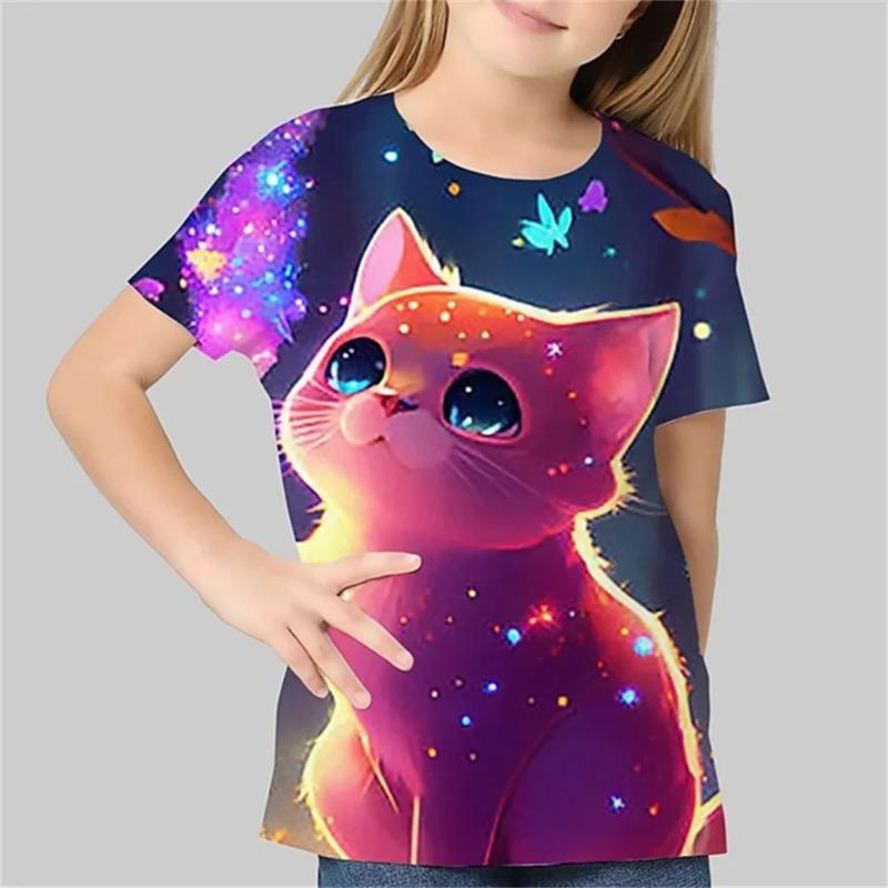 Vêtements Enfants Fille Impression 3D Chat Mignon Décontracté Manches Courtes T-Shirts Graphiques T-Shirt d'Été Mignon et Drôle pour Filles