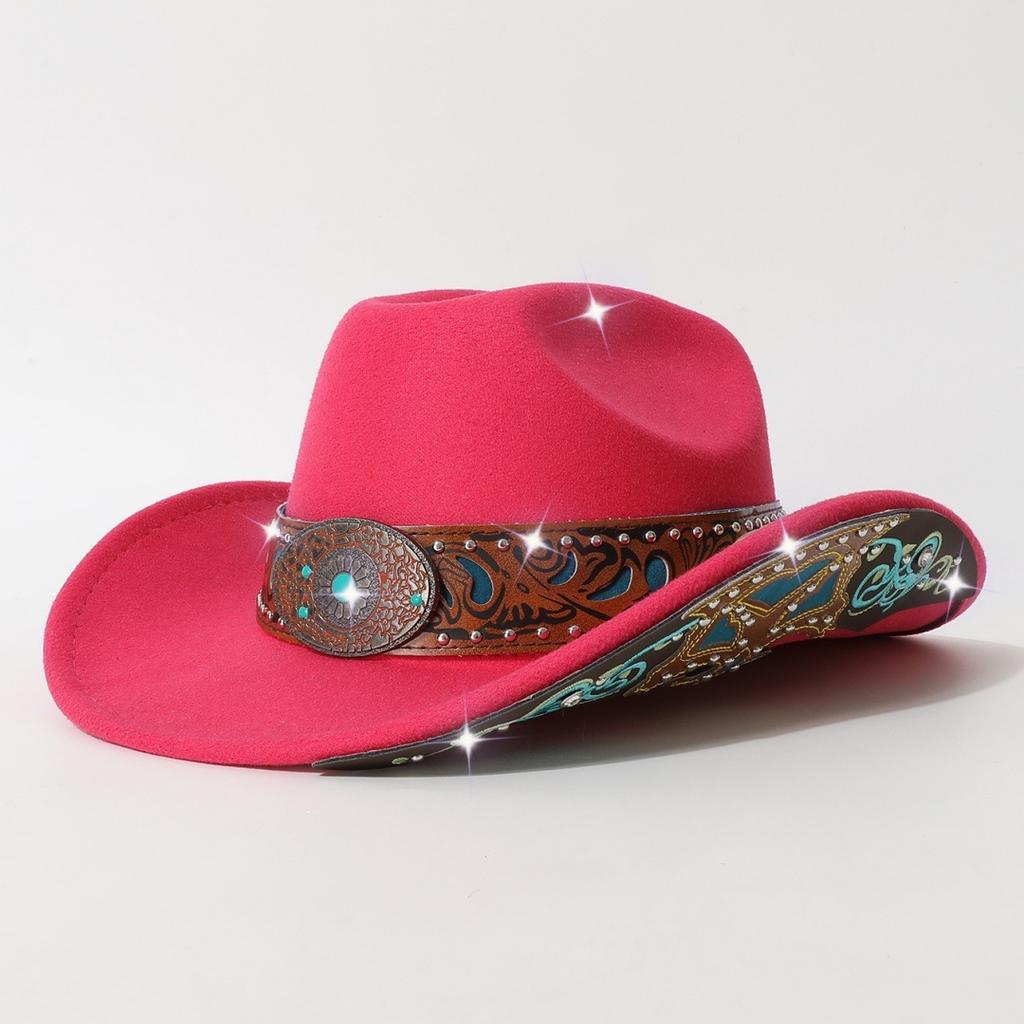 Autumn and winter men's and women's rolled-edge cowboy hat with heavy-duty belt decoration and patches