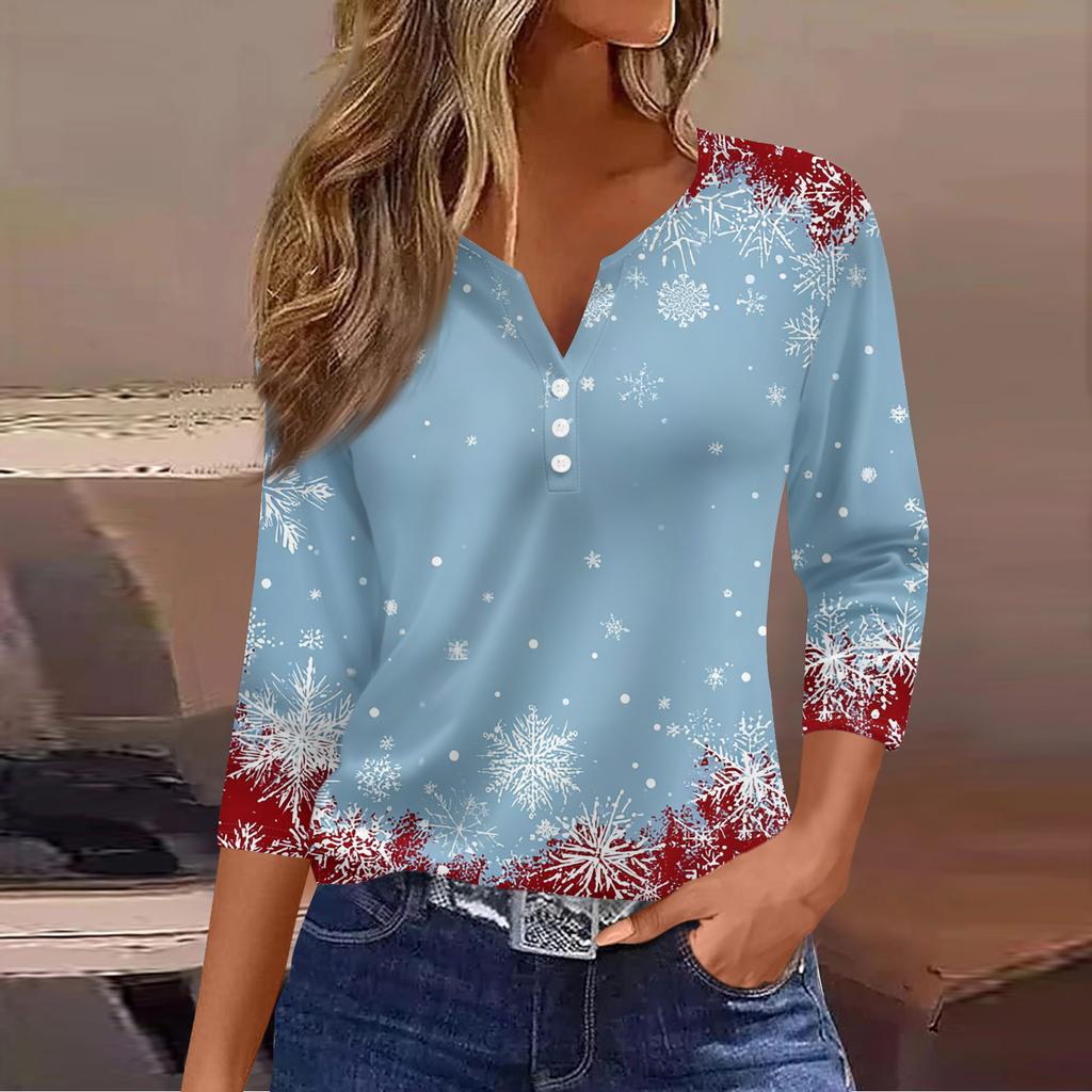 Women's Fashion Casual Christmas Tree Print V-Neck Decorative Button Three-Quarter Sleeve T-Shirt Top