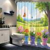 1pc Flower Pots Garden Shower Curtain - Colorful Flowers & Butterflies, Green Field, 70.8x70.8", 12 Hooks