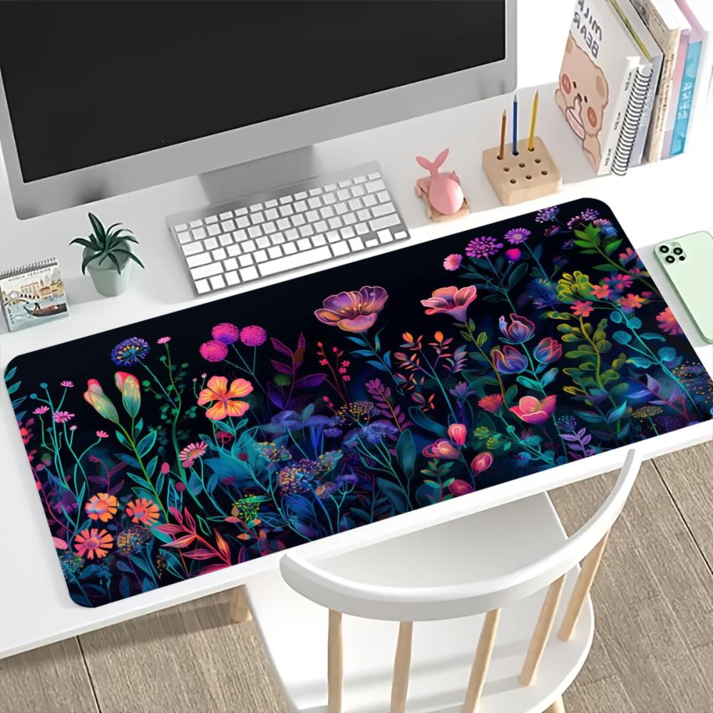 Dark Wild Floral Botanical Print Large Gaming Mousepad NonSlip Rubber Base Stitched Edge Office Keyboard Workstation Decor