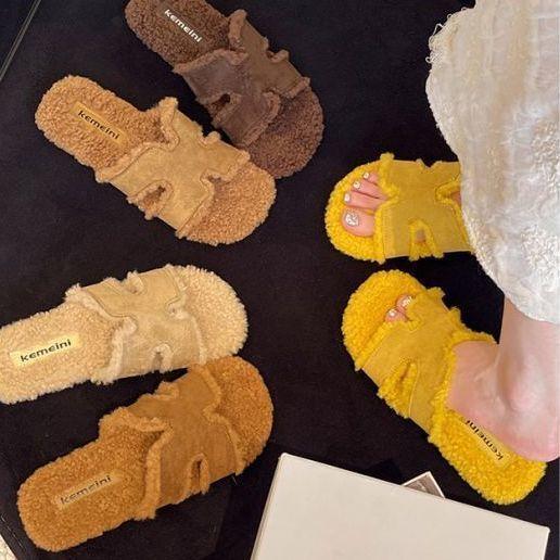 Mao Mao slippers women's outer wear 2025 autumn and winter new plush flat-bottomed casual versatile non-slip one-word drag shoes