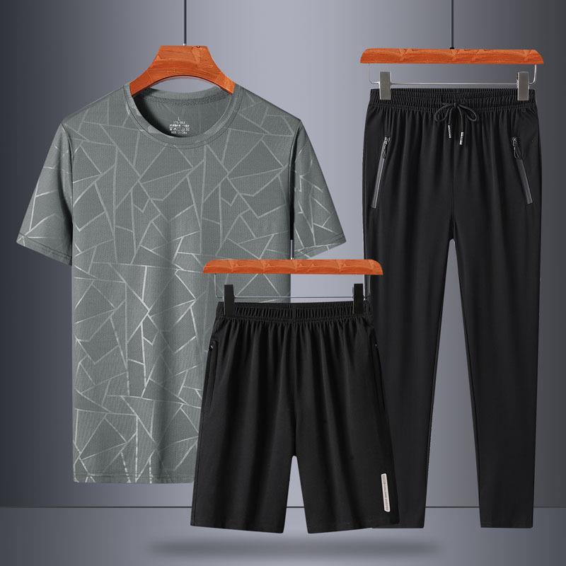 2024 Men's Ice Silk Summer Set: Short-Sleeve T-Shirt, Dad Style, Three-Piece for Middle-Aged and Elderly