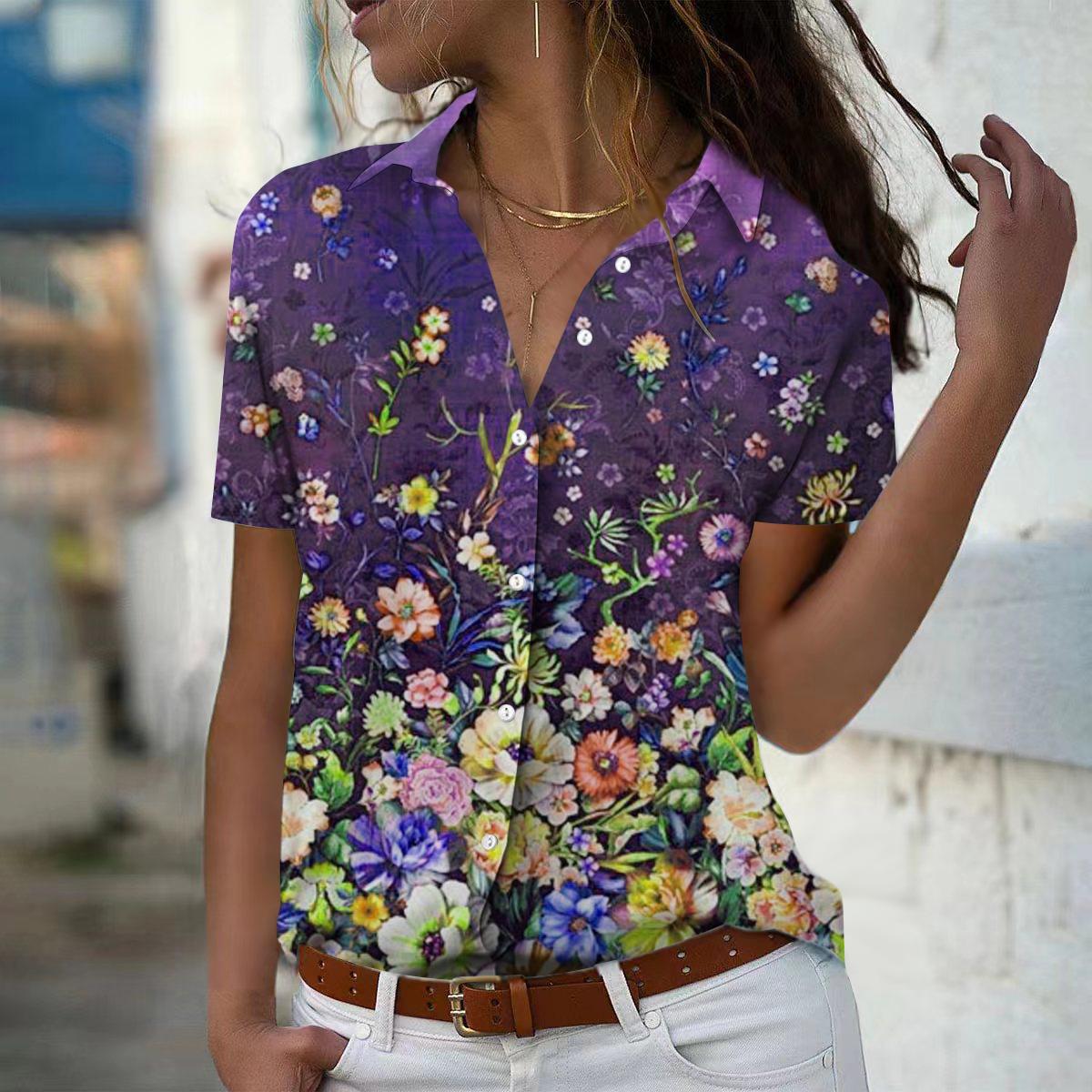 

2025 Summer New Fashion Women s Flower Printed Short Sleeve V-neck Casual Button-down Shirt Top XS фіолетовий