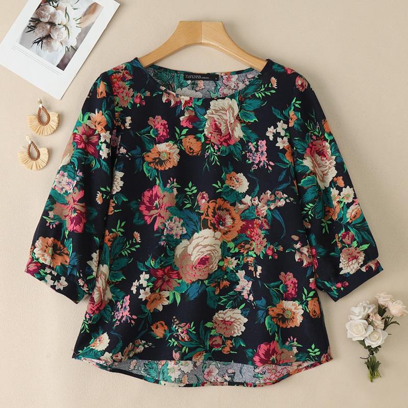 

ZANZEA Женская повседневная блузка из хлопка с принтом, круглым вырезом и рукавами 3/4 4XL темно-синий