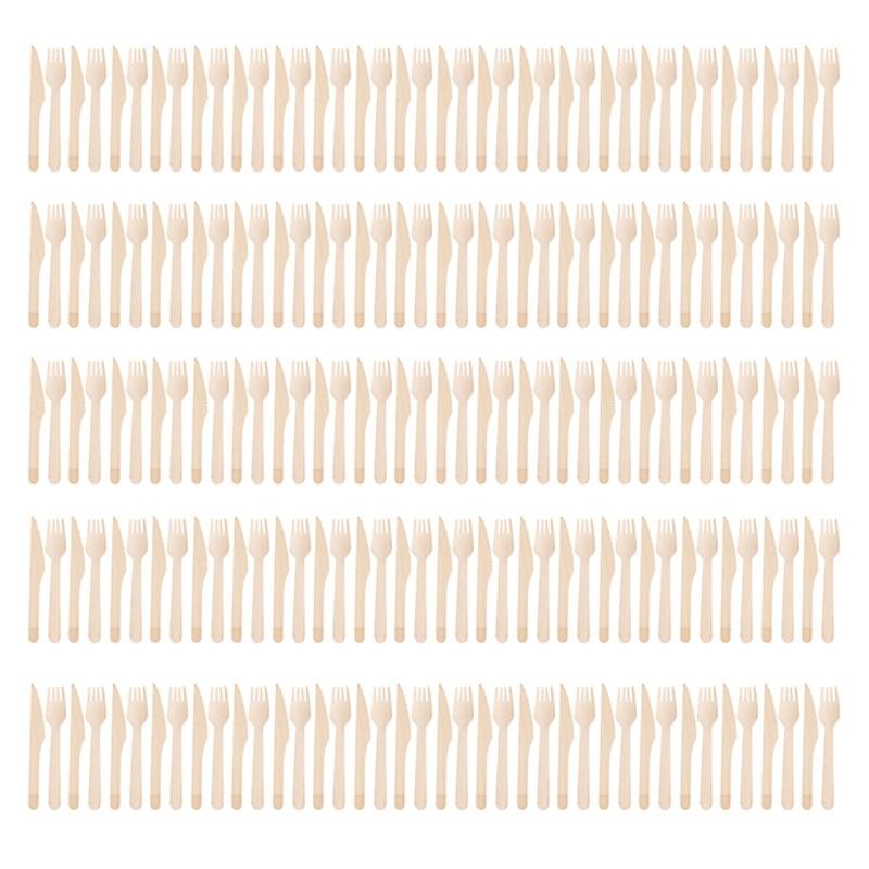 Wooden Eating Utensils Pack of 100 Disposable Cutlery Spoon Fork Knife Birchwood Cutlery Set Environmentally Friendly
