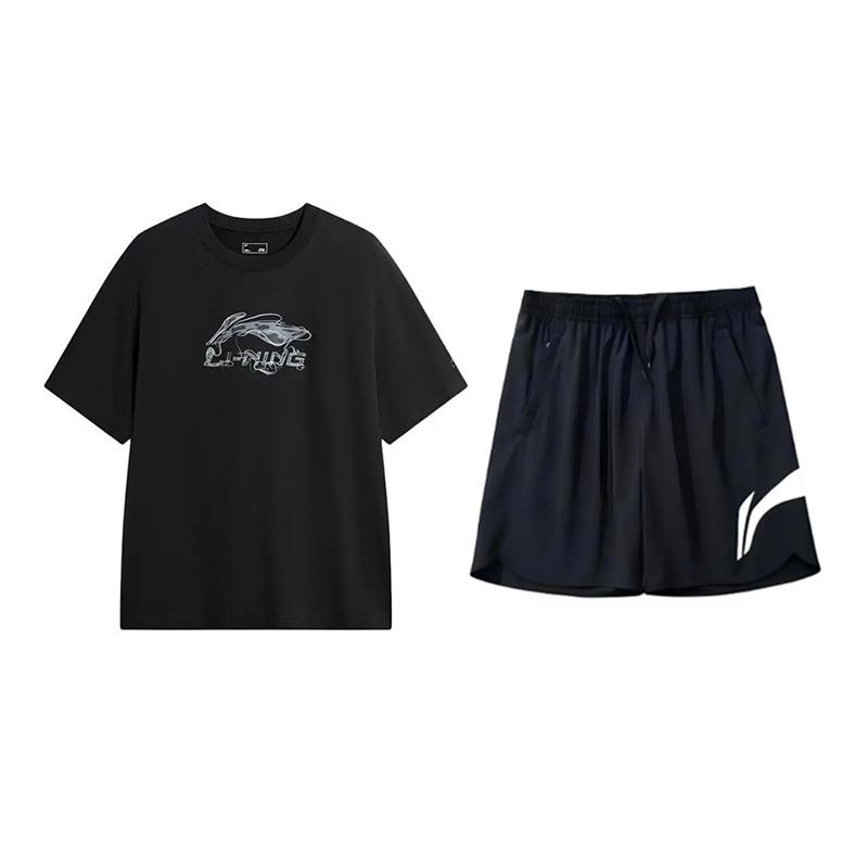 

Li-Ning Letter Logo Printed Round Neck Pullover Short Sleeve Top Loose Comfortable Fashion Versatile Shorts Casual Sports Suit AHSVD57-1+YKSV197-2 M