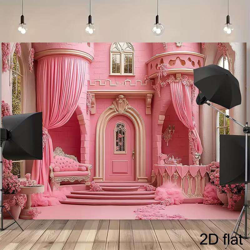 2D Fairy Tale Pink Castle Backdrop, Elegant Floral Princess Palace Background for Birthday & Studio