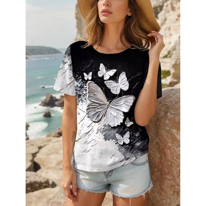 Summer Fashion Women's T-Shirt Butterfly Stylish 3D Printed Flowers Casual Short Sleeved Crew Neck Tees Regular Tops