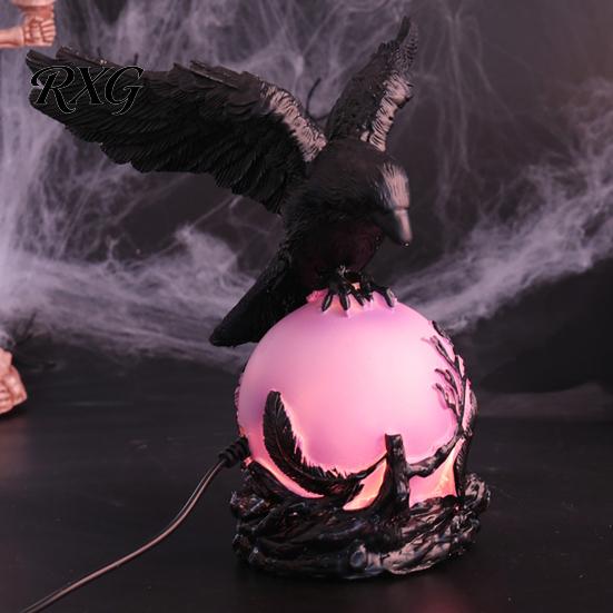 Spooky Crow Figurine Gothic Lamp, with Purple Light Ball, Resin Halloween Night Light, Realistic Sculpture USB Powered Dark Style Statue for