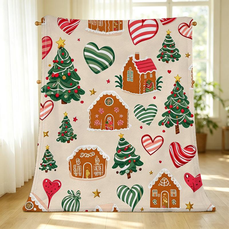 Christmas Flannel Throw Blanket: Soft Anti-Pill Gingerbread House & Tree Design, All-Season Cozy Warm Blanket for Home