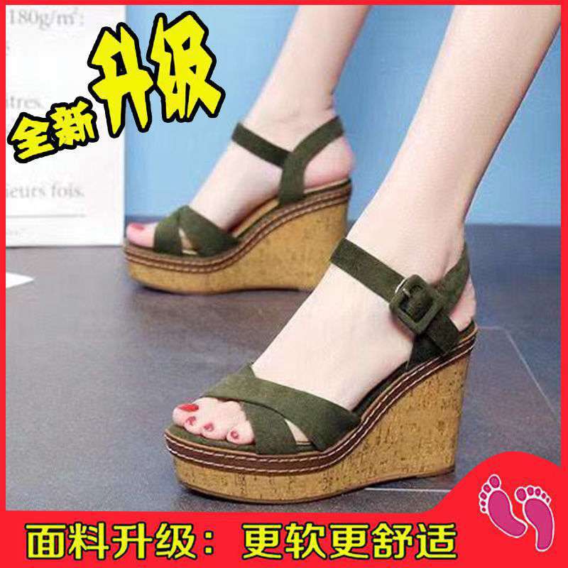 2025 slope heel sandals women's summer new high-heeled platform open-toed muffin shoes European station casual sandals