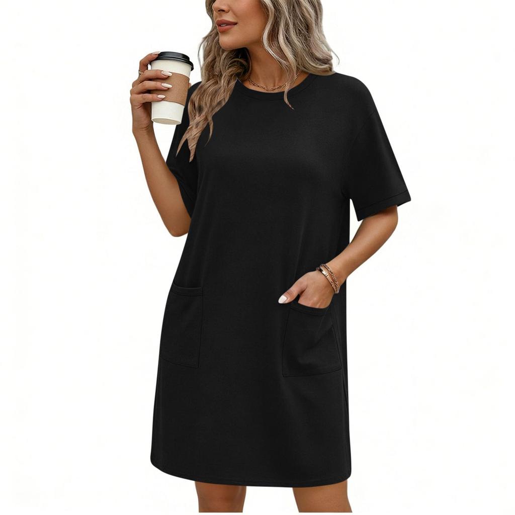 Women's Fashionable Loose-Fit Short-Sleeve Pocketed Loungewear Casual Dress