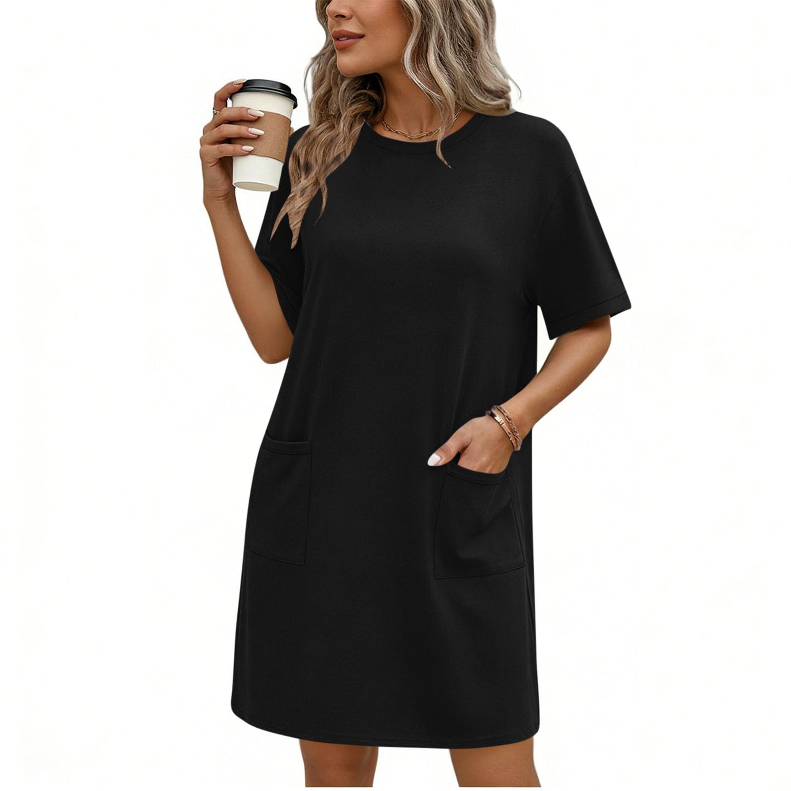 Women s Fashionable Loose-Fit Short-Sleeve Pocketed Loungewear Casual Dress L чёрный