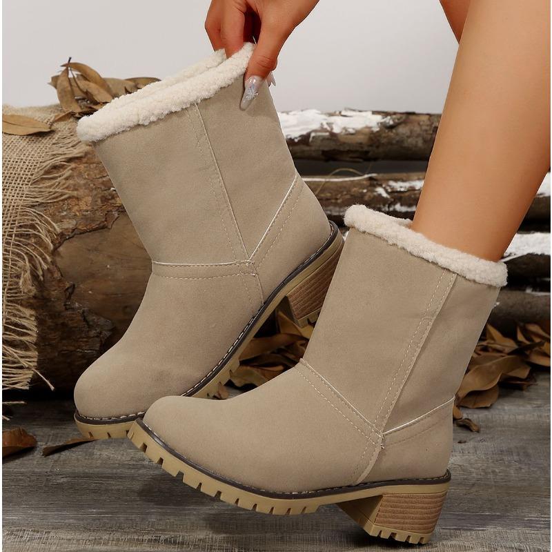 Foreign trade short tube velvet medium heel snow boots women's fur integrated women's cotton boots winter thickened large size flip cotton boots