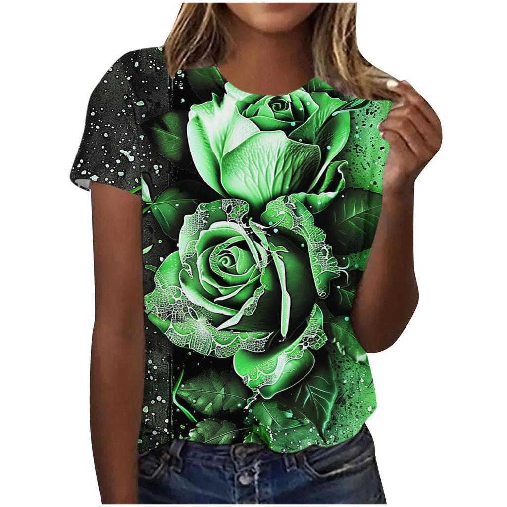 Summer Round Neck Women's T-shirt Fashion 3D Printing Colorful Floral Print Short Sleeve T-shirt Casual Sports Top
