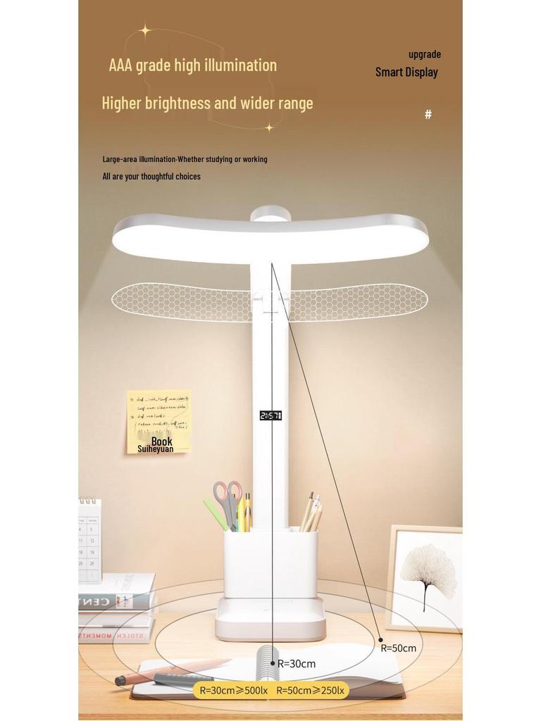 Rechargeable LED Study Lamp with Clock & Pen Holder - Eye Protection for Dorm or Bedside