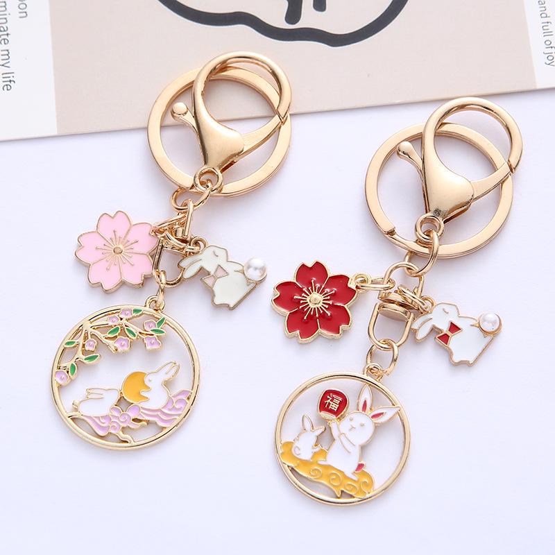 Cute Cartoon Rabbit Keychain Pendant with Floral Design