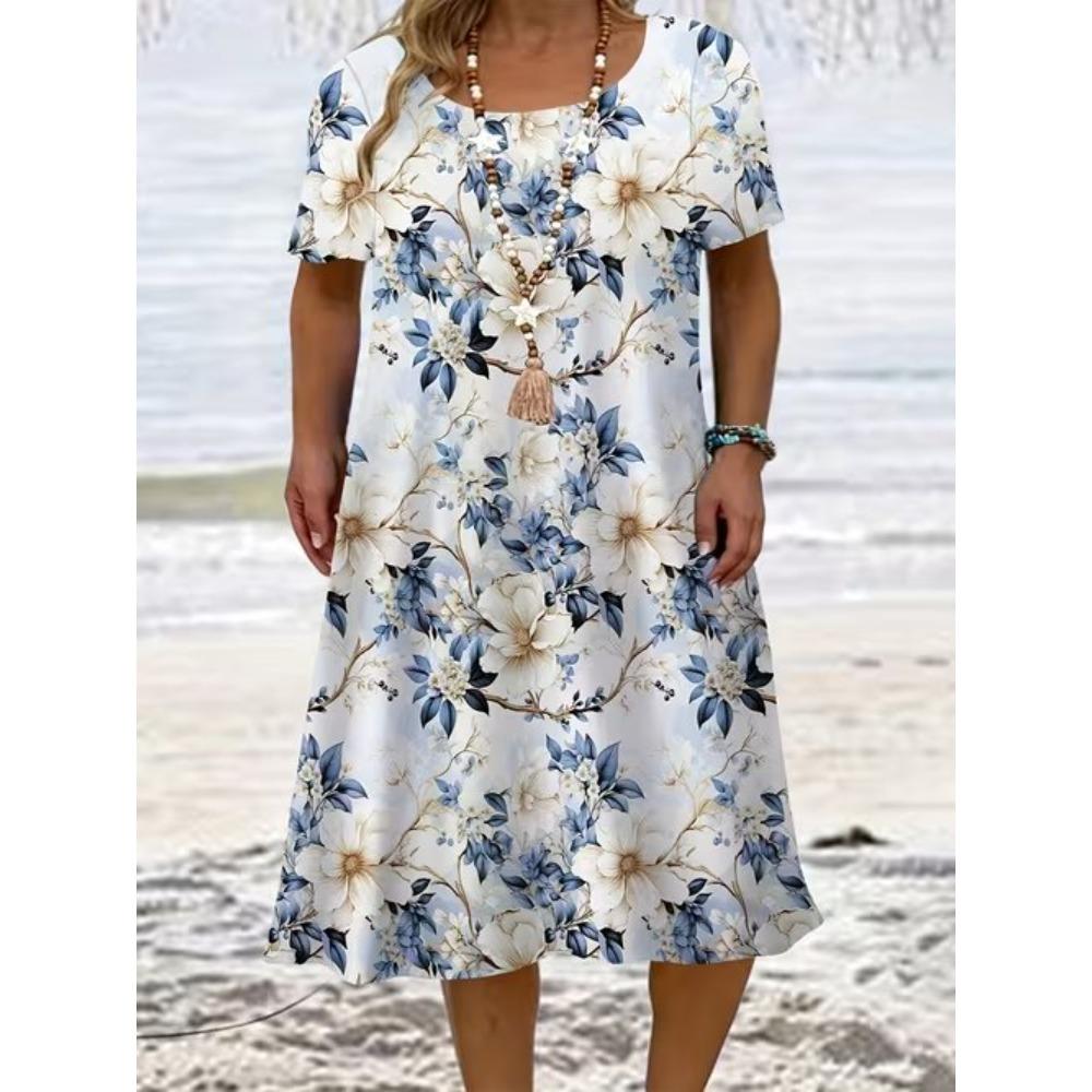 Moda Donna Grazioso Bellissimo Stampa Fiori e Erba Estate Primavera Manica Corta Girocollo Abiti Casual