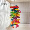 Durable Parrot Toy Chewing for Macaws African Greys, Colorful Wooden Block Puzzle with Medium Chew Cotton Tassels, Hanging Interactive Activity Cage,
