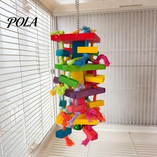 Durable Parrot Toy Chewing for Macaws African Greys, Colorful Wooden Block Puzzle with Medium Chew Cotton Tassels, Hanging Interactive Activity Cage,