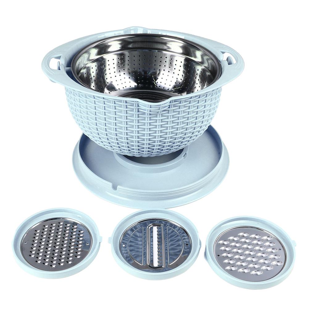 4 In 1 Colander Bowl with Slicing Tools Rotatable Strainer 2 Layer Stainless Steel Ergonomic Handle