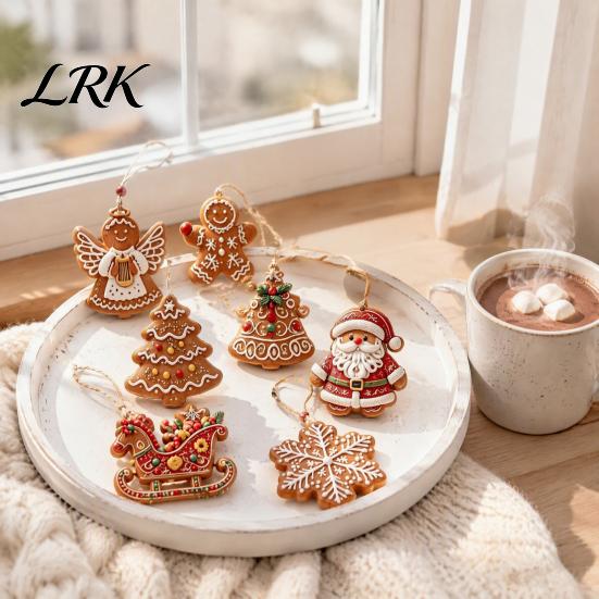Christmas Store Window Decorations Wooden Gingerbread Style Ornaments with Natural Hemp Rope, Retro Festive Hanging Exchange Gift Items Pendants
