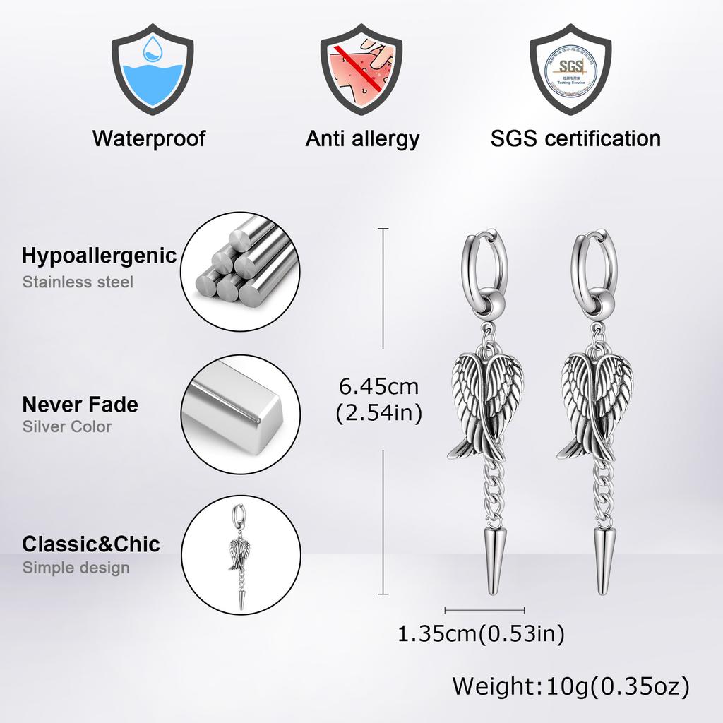 Unique Design Fashion Feather Angel Wings Rivet Tassel Drop Earrings for Men, Hip Hop Rock Stainless Steel Ear Jewelry Gift
