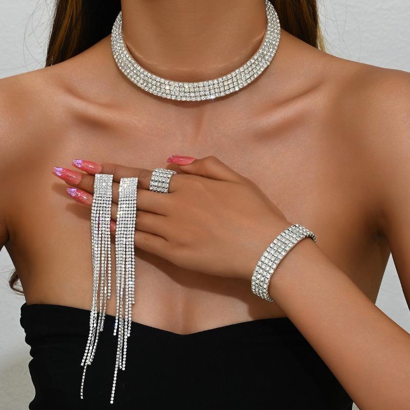 Meier Multi-row diamond necklace tassel earrings bracelet stretch ring bridal set dress accessories