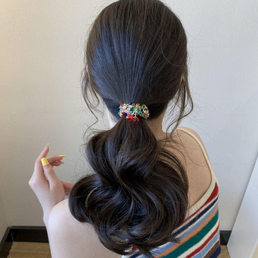 Cherry Cherry Bracelet Rhinestone Ponytail Holder Chic Hair Ties Decorative  Women and Girls