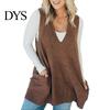 Sand Line Texture Vest Women Sweater V-neck Sleeveless Pockets Mid-length Knitting Jumper Tops Solid Color Autumn Winter Casual Knitwear Season