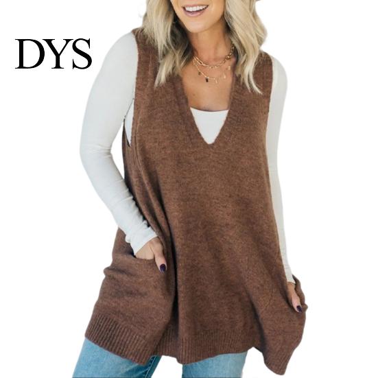 Sand Line Texture Vest Women Sweater V-neck Sleeveless Pockets Mid-length Knitting Jumper Tops Solid Color Autumn Winter Casual Knitwear Season