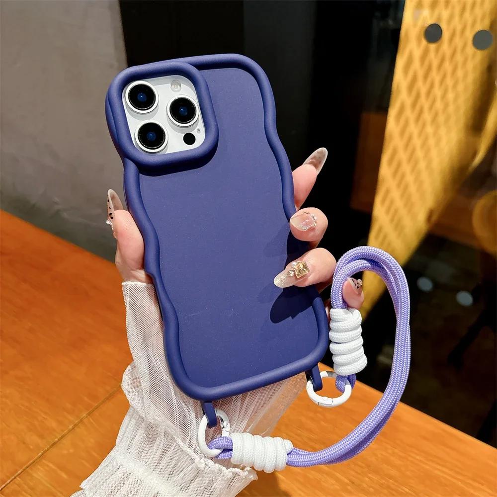 Candy Color Silicone Soft Phone Case with Wrist Strap For iPhone 16 Pro Max 15 14 13 Wave Edge Frame Protective Cover