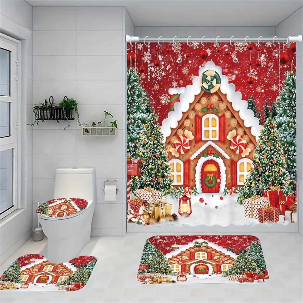 4Pcs Xmas Cottage Bath Set,Printed Shower Curtain,Non-Slip Mat, Toilet Cover,Bath Rug,12 Hooks, Bathroom Accessories, Home Decor