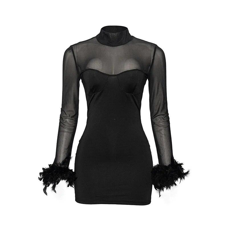 

2026 Sexy Mesh Stitching Feather Black Dress Women Long Sleeve Bag Hip Mini Short Dress Turtlneck Party Club Clothes 30584 L чорний