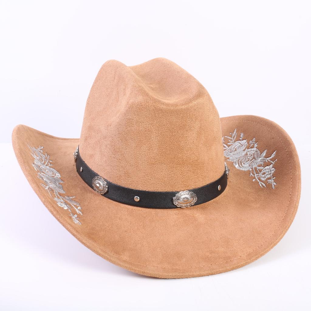 Beliebter europäischer und amerikanischer klassischer Wildleder Western Cowboyhut für Herren und Damen, großer Schirm, bestickt, Outdoor-Sonnenhut