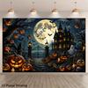 1 piece of 2D flat banner, 14 Halloween pumpkin haunted house, indoor and outdoor courtyard decoration background clothzyc