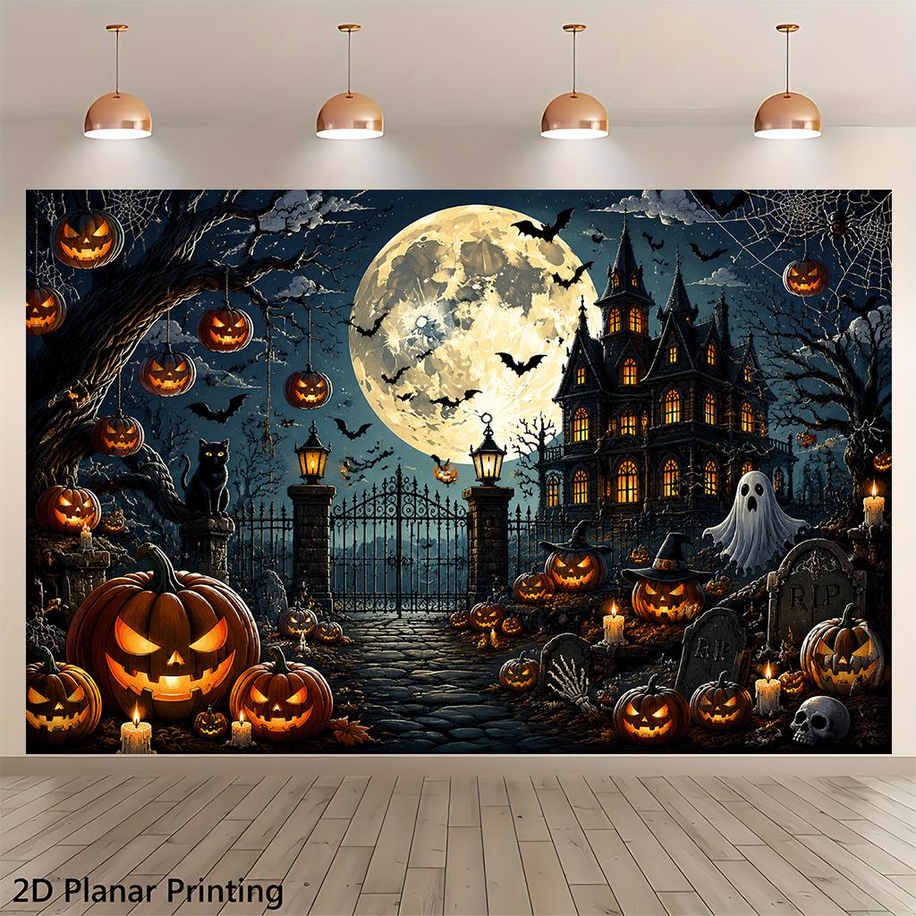 1 piece of 2D flat banner, 14 Halloween pumpkin haunted house, indoor and outdoor courtyard decoration background clothzyc