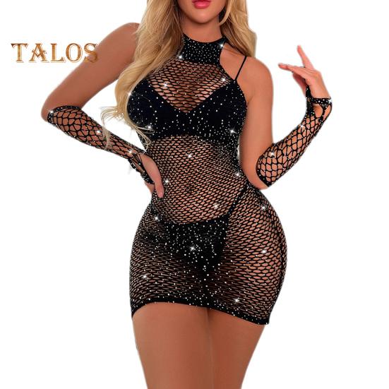 Women Nightdress Gloves Set See through Hollow Out Fishnet Lace Shiny Rhinestone Decor Sheath Skinny Backless Bedroom Honeymoon Sleepwear