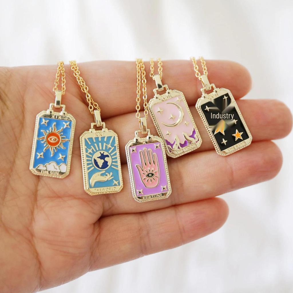 Colorful Enamel Tarot Card Necklace with Square Pendant On Copper Clavicle Chain