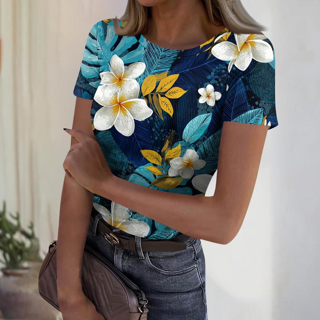 Women's Casual Fashion Round Neck Hawaiian Print Short Sleeve Ribbed Top