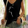 T-shirt sans manches à col en V, T-shirt décontracté imprimé chat minimaliste